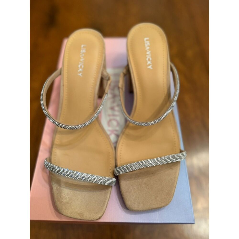 NWT Lisa Vicky Rhinestone Two Strap Block Heel Sandals Nude Size 8